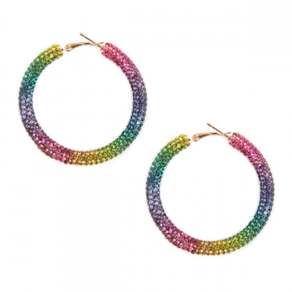 RAINBOW, SILVER, RED,GOLD RHINESTONE HOOP EARRINGS - Picture 2 of 9